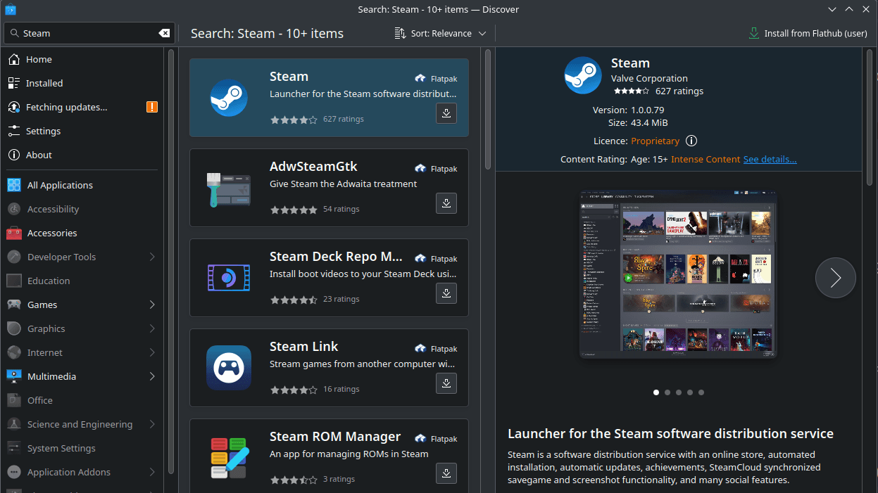 KDE Discover with Steam shown