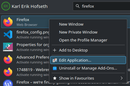 Right-click menu showing the button 'Edit Application'